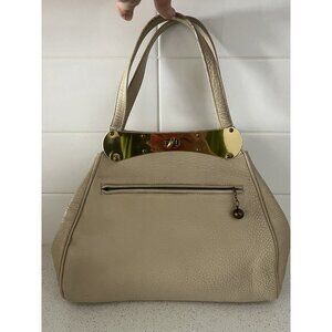 Vintage 50s 60s CALDERON Ivory Leather Satchel Handbag Shoulder Bag Structured